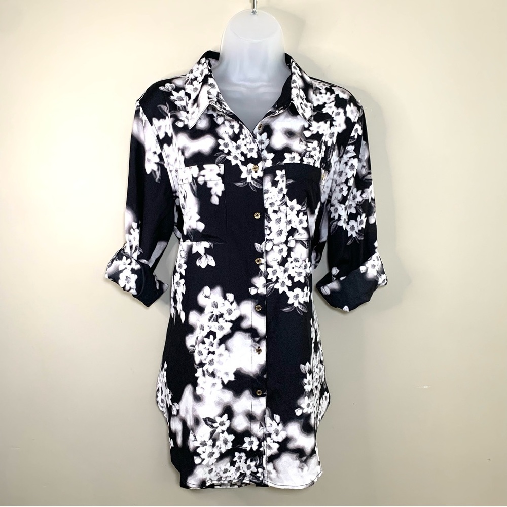 Calvin Klein NWT Black White Floral Button Down Blouse Sz L Corporate Chic